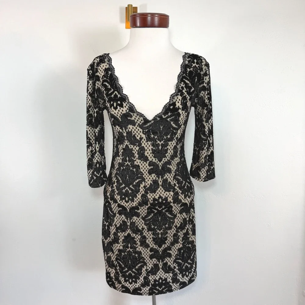 Free People Velvet‎ Burnout Lace Mini Dress Black Cream Dark Feminine Gothic S
